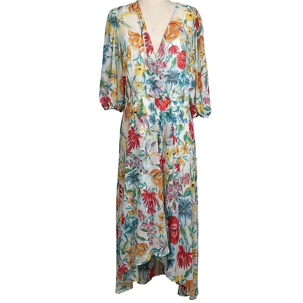 Calvin Klein Dress Women 14 White Multi‎ Floral Maxi Sheer Gauze Boho High Low